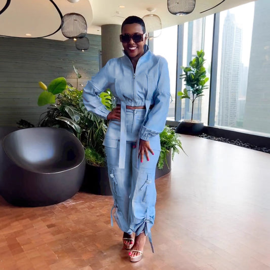 Multi Pocket Long Sleeve Pleating Two Piece Set