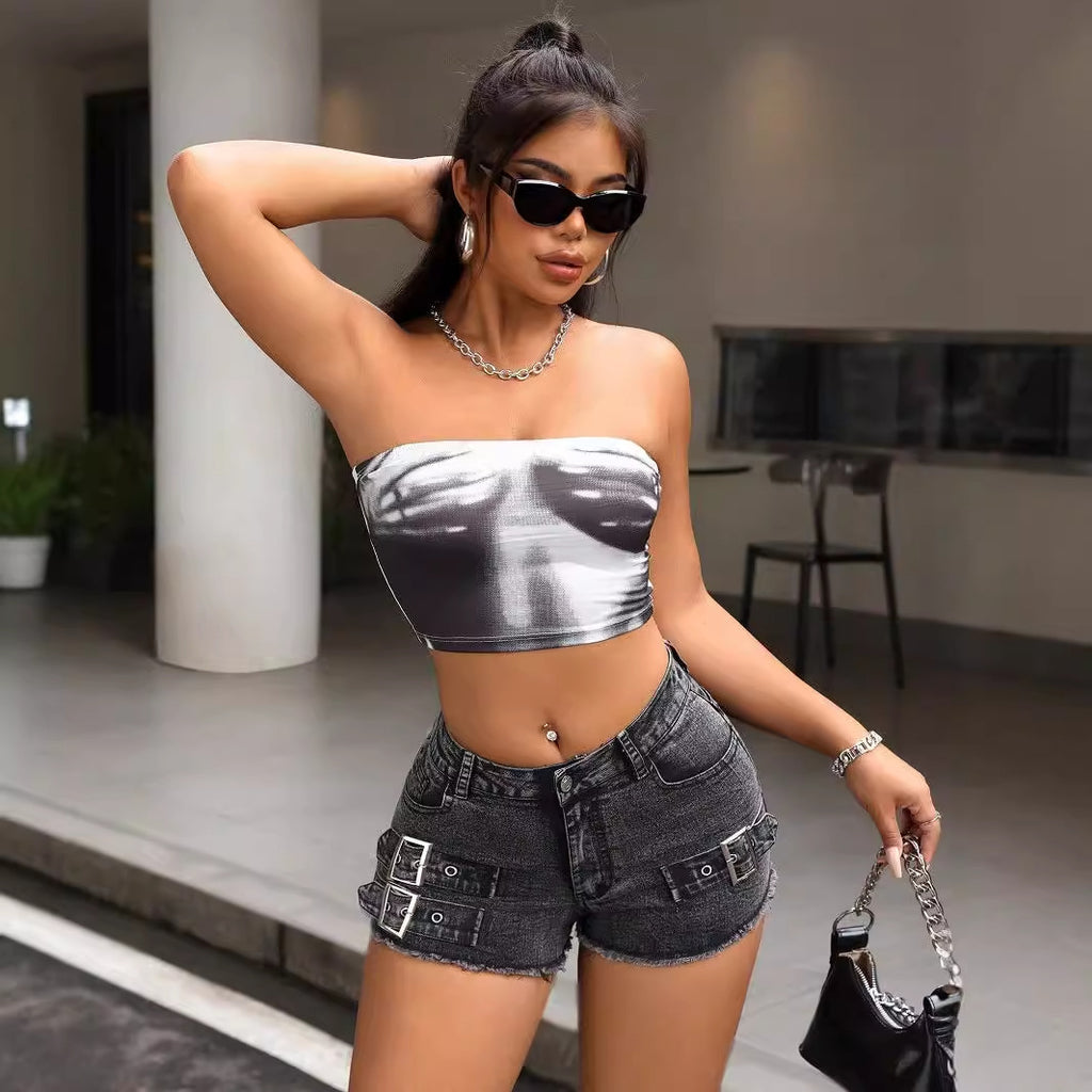 Metal Buckle Stretch Denim Shorts