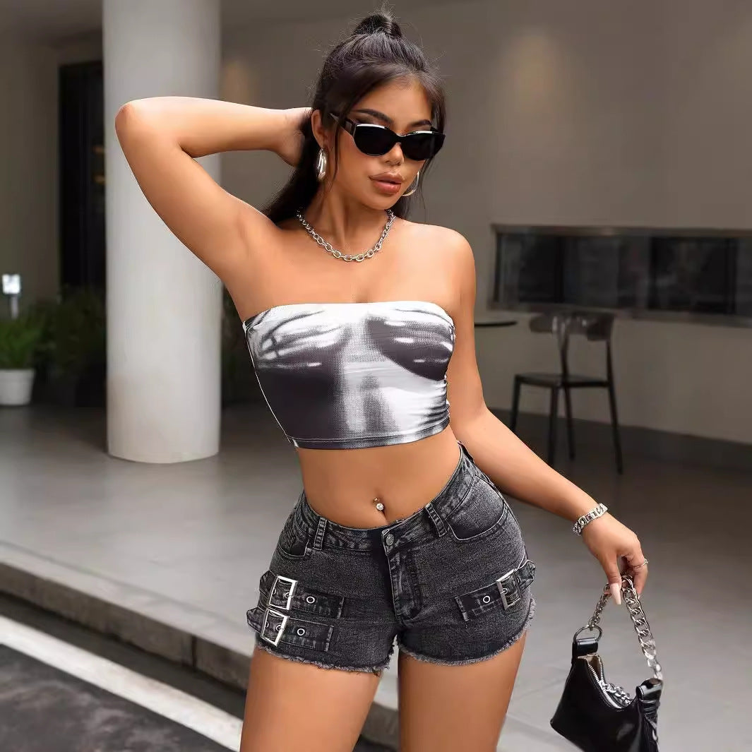 Metal Buckle Stretch Denim Shorts