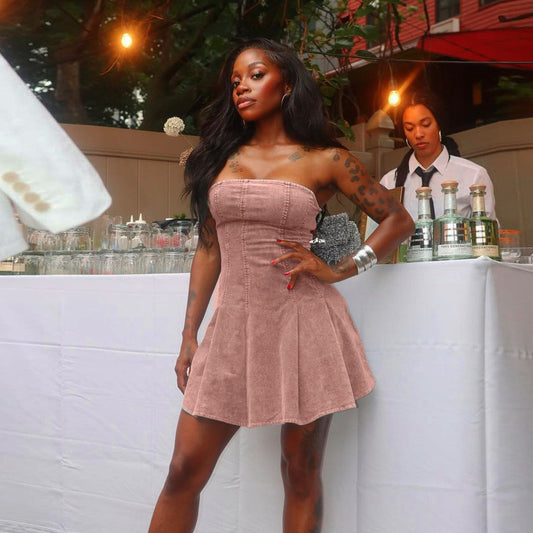 Backless Washed Denim Tube Top Dress