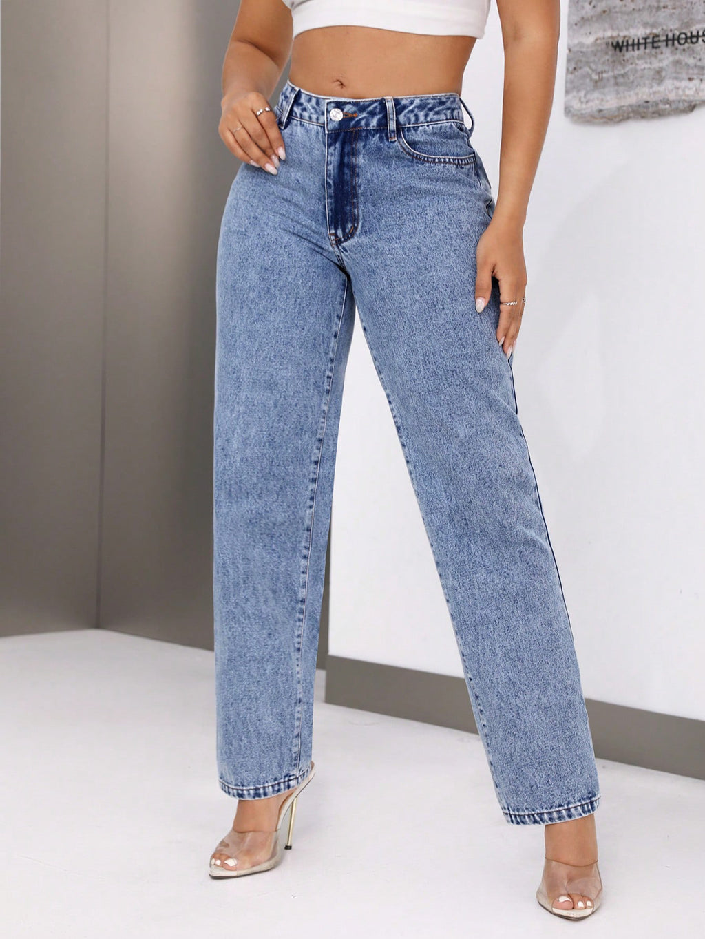 Retro High Waist Denim Straight Leg Jeans