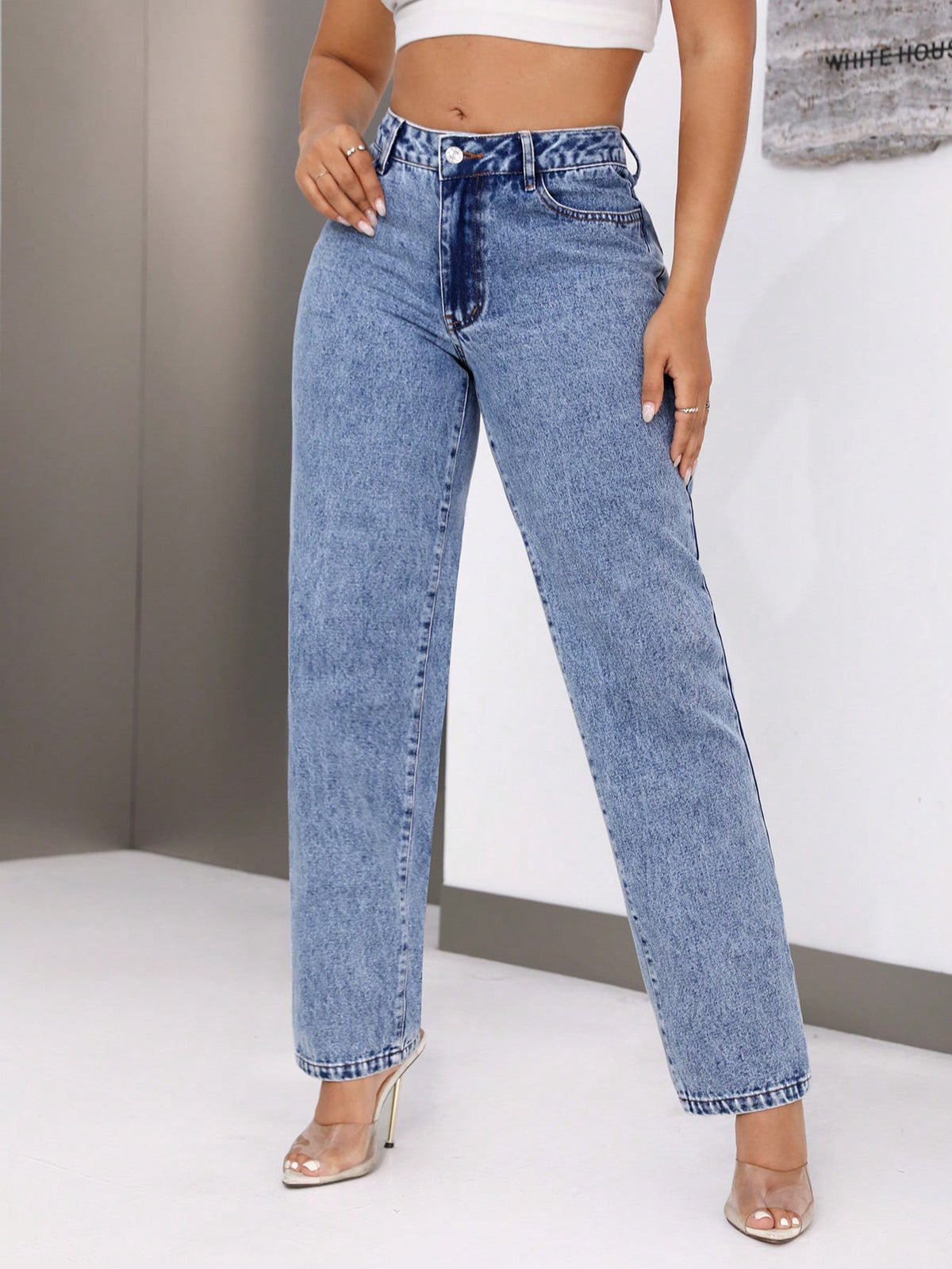 Retro High Waist Denim Straight Leg Jeans