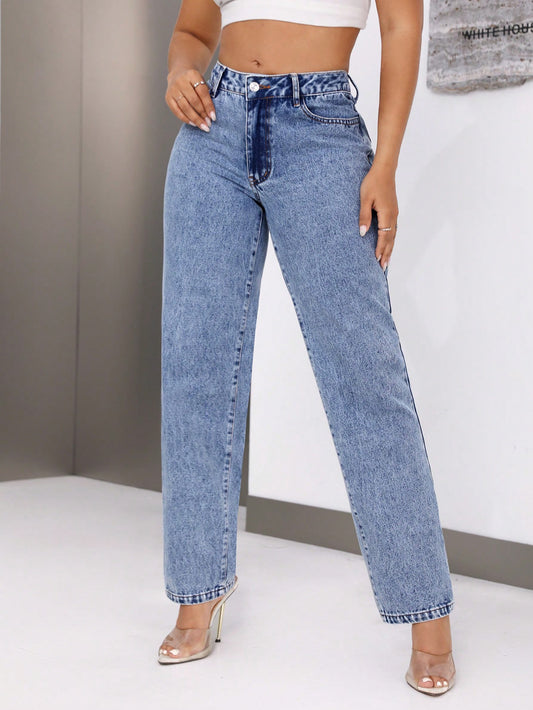 Retro High Waist Denim Straight Leg Jeans