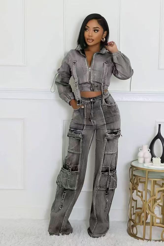 Multi Pocket Washed Denim Two Piece Sets