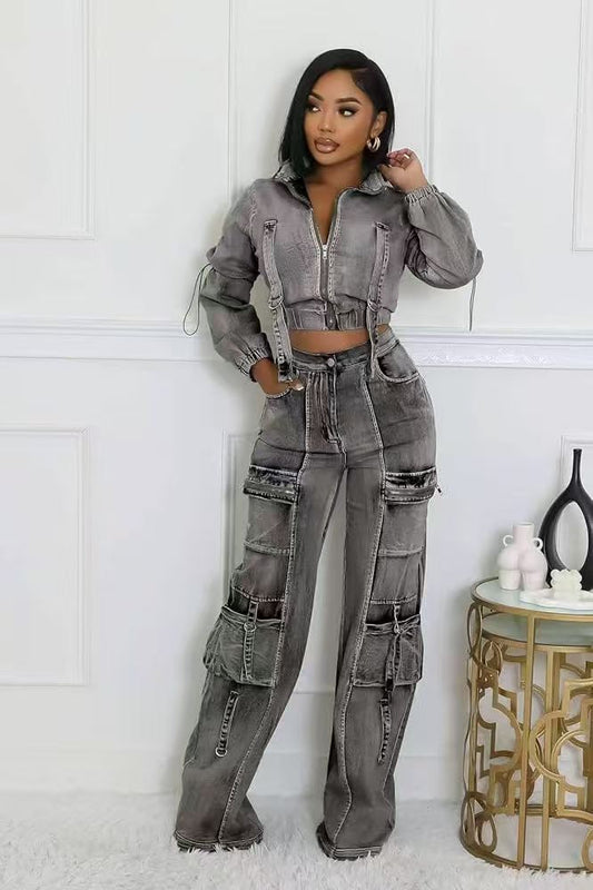 Multi Pocket Washed Denim Two Piece Sets