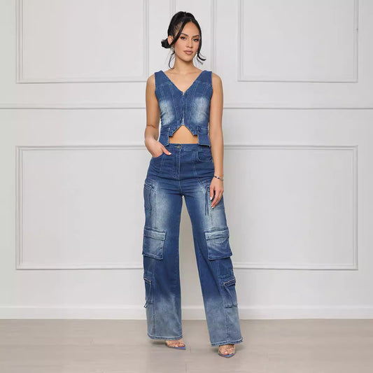Denim Wide Leg Retro Vest Suit