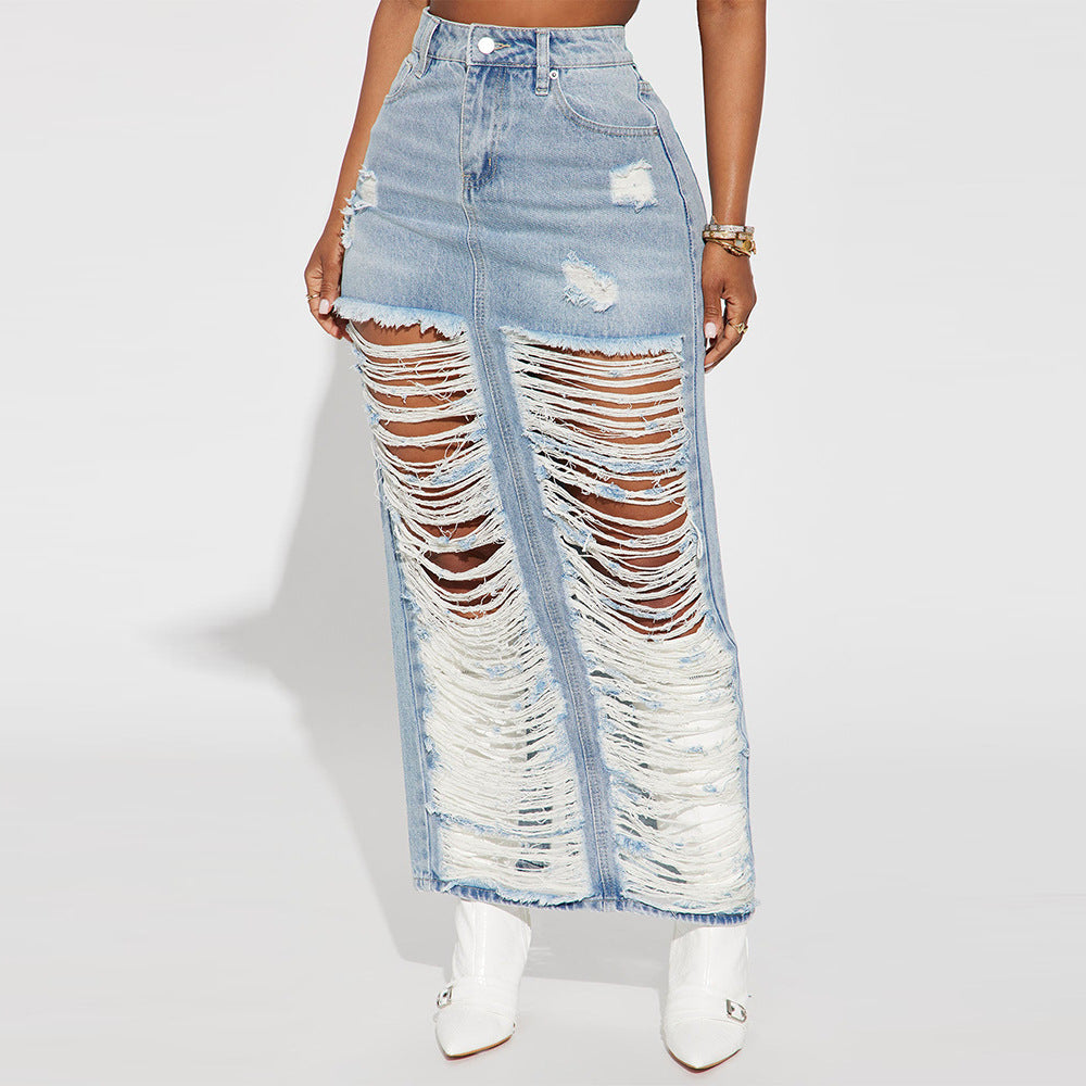 Denim Wash Pocket Slit Tassel Skirt
