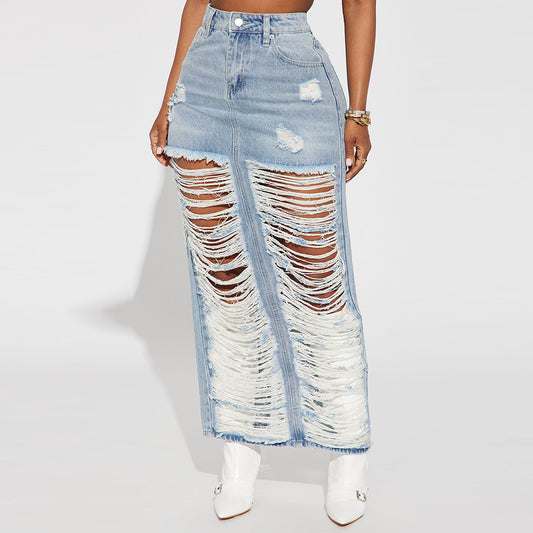 Denim Wash Pocket Slit Tassel Skirt