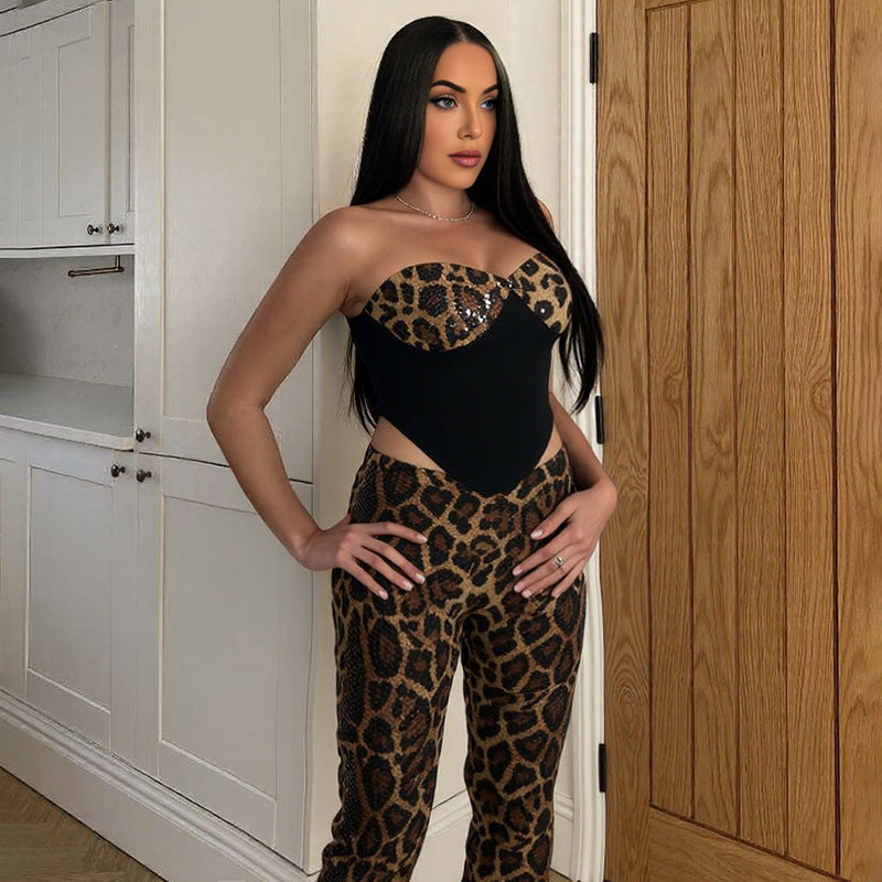 Leopard Print Tube Top Vest Sequined Cropped Pants Set