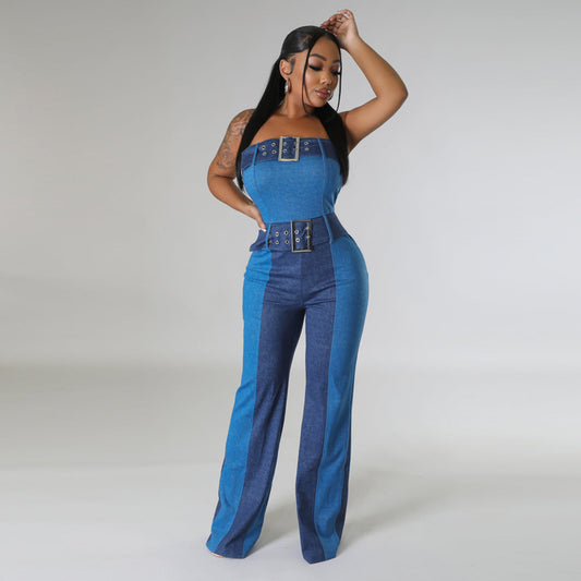 Patchwork Tube Top Denim Jumpsuit