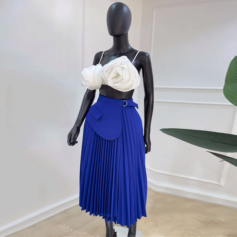 High Waist Pleated Mid Length A line Skirt