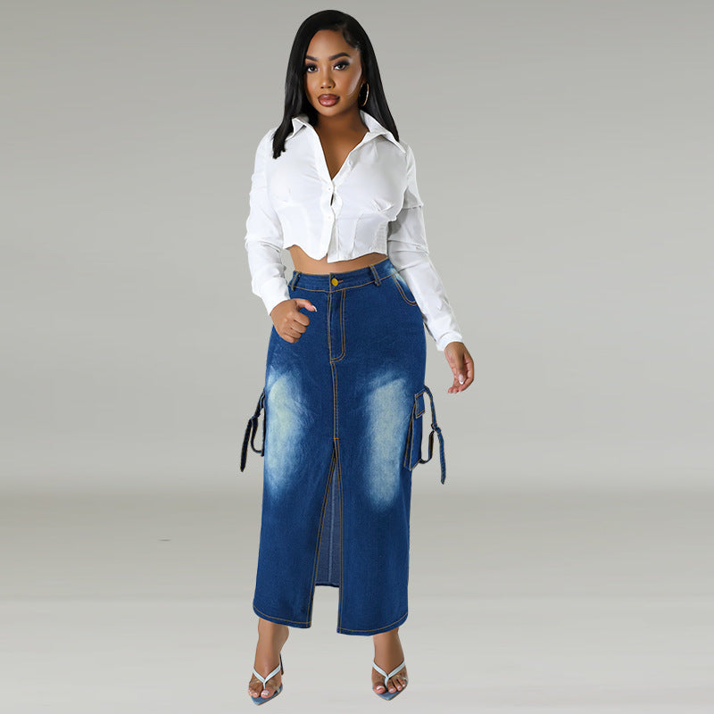Denim Split Long Skirt