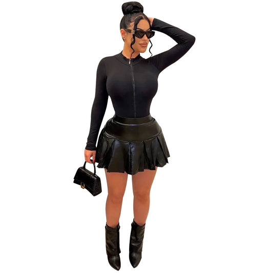 Long Sleeve Leather Skirt Two Piece Set