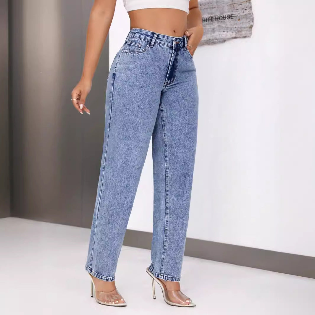 Retro High Waist Denim Straight Leg Jeans
