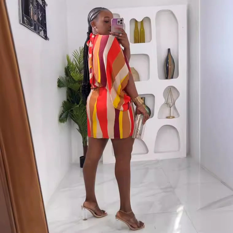 Color Stripes Bat Sleeve Dress