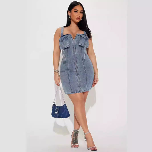 Denim Stitching Shoulder Strap Buckle Dress