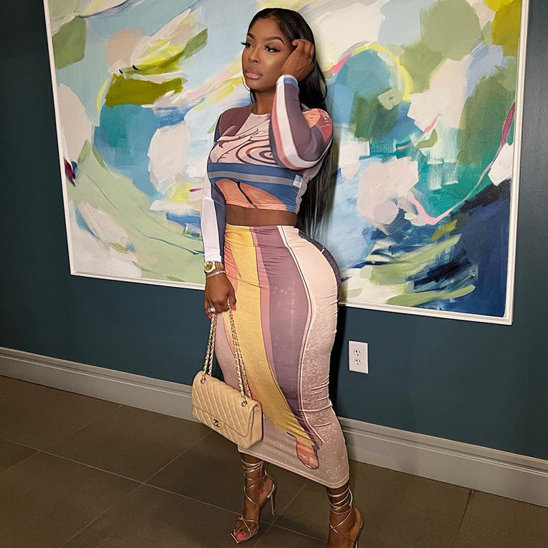 Pullover Printed Long Sleeved Top Slim Skirt Set