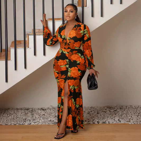 V neck Split Print Maxi Dress