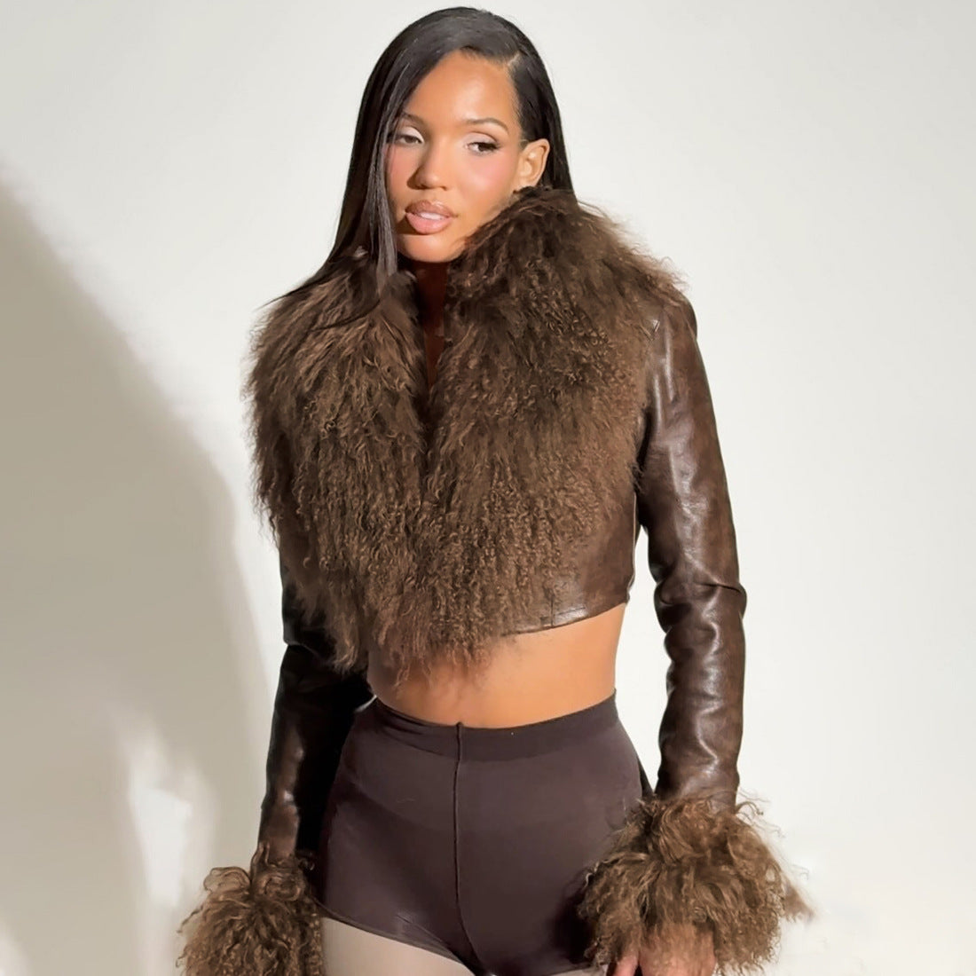 Fur Collar V neck Cropped Leather Coat