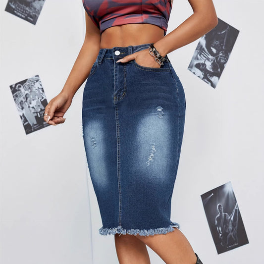 Frayed Mid-Length Denim Skirt