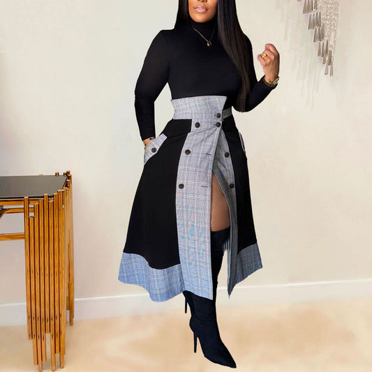 Long Sleeved Turtleneck Plaid Split Midi Dress Two Piece Set