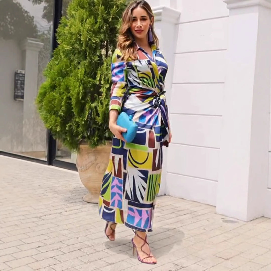 Printed V neck Long Sleeve Maxi Dress