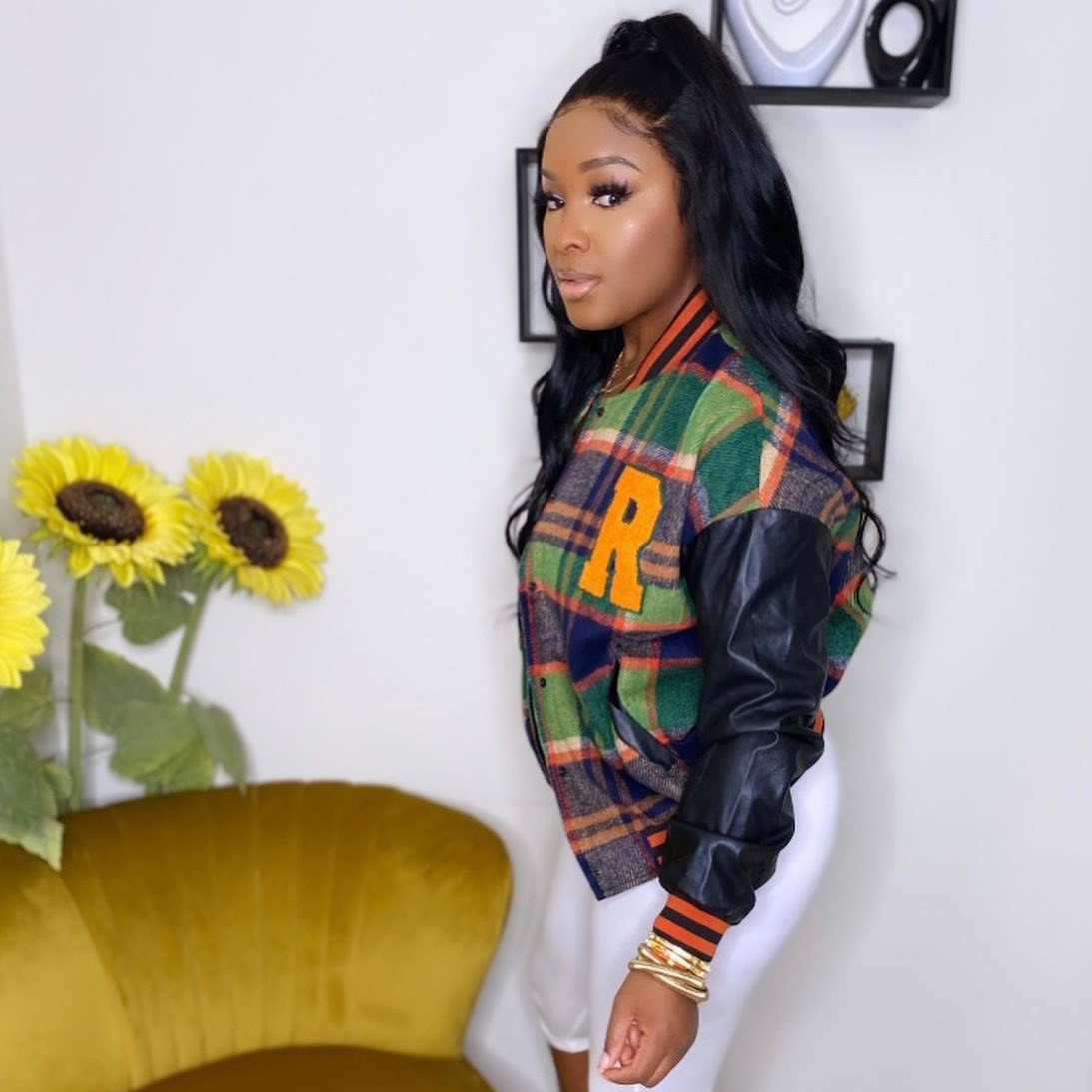 Embroidered Faux Leather Stitching Varsity Jacket