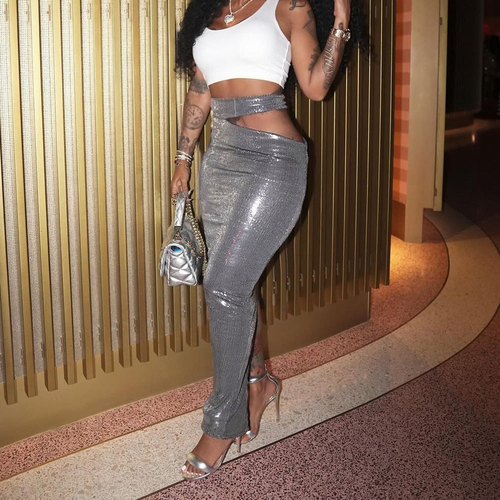 Sequined Zipper Split Skirt