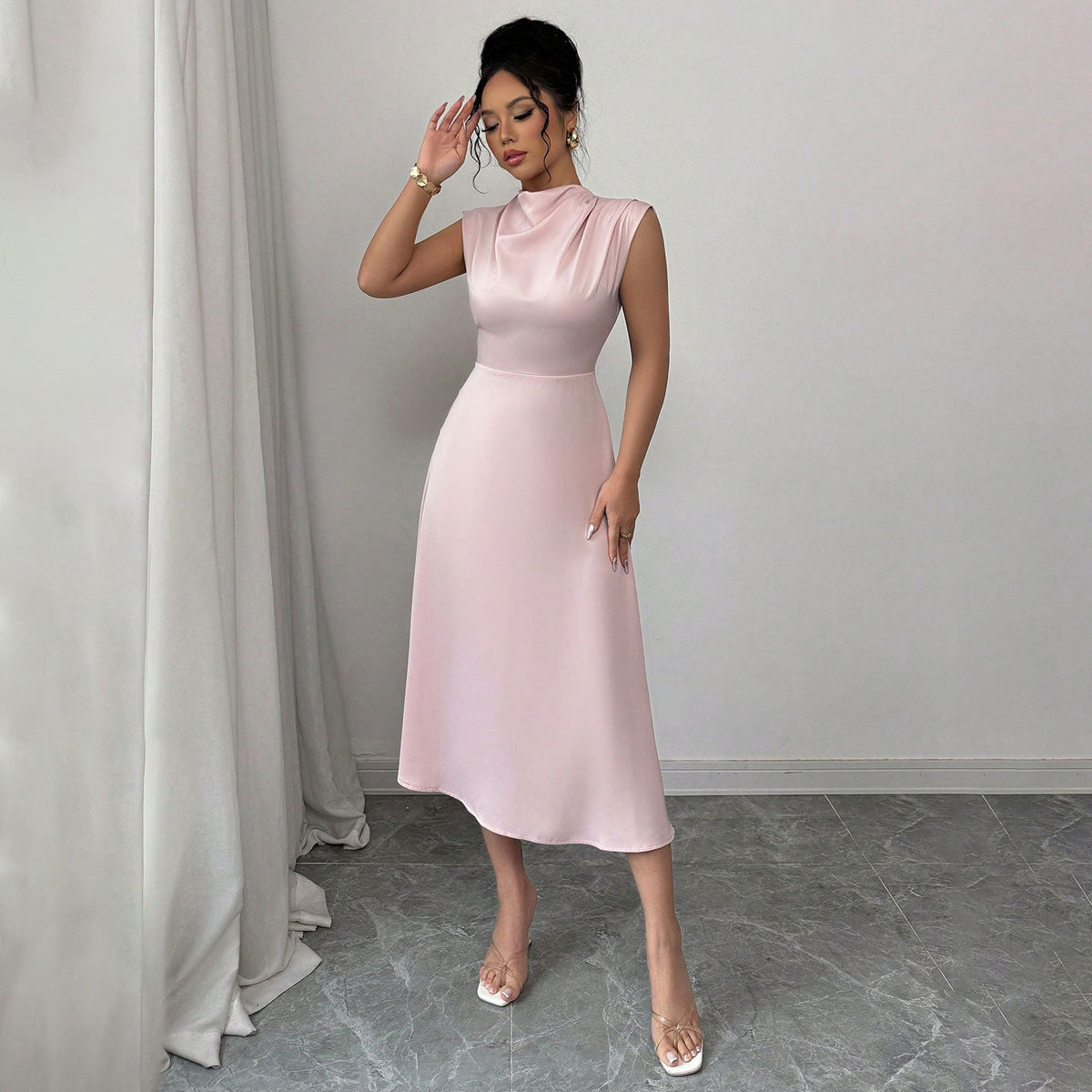 Pleated Satin Mid Length A line Dress