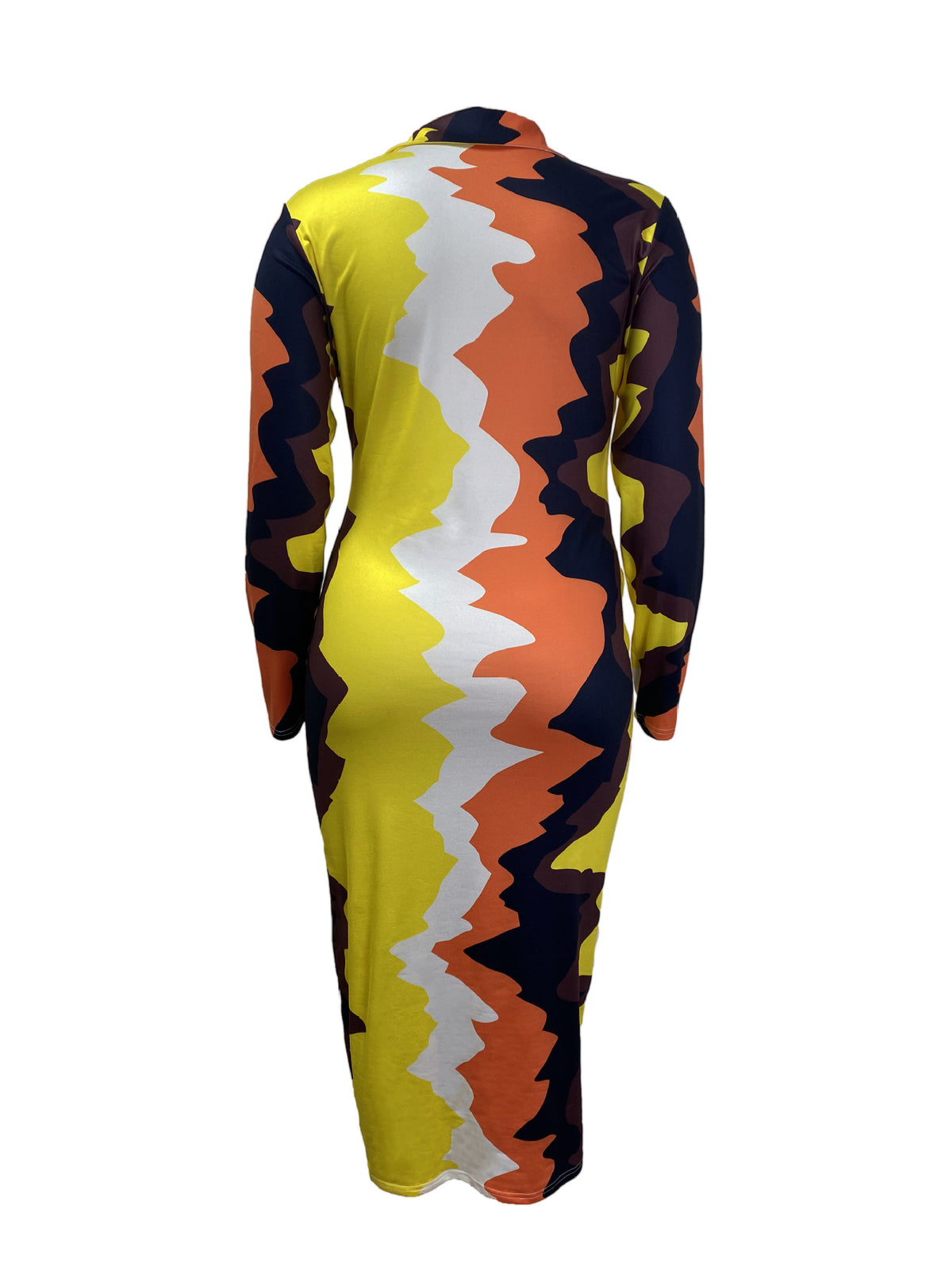 Back view of the long-sleeved collared dress with yellow, orange, white and dark wavy color-block panels.