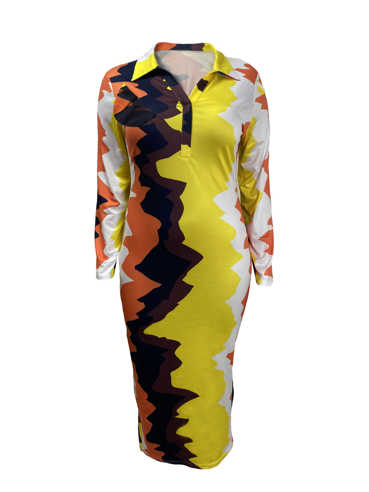 Front view of a long-sleeved collared dress with yellow, orange, white and dark wavy color-block panels.
