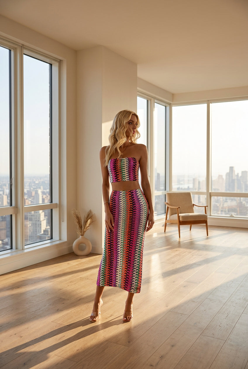 Coffee Phirst Boutique colorful striped strapless crop top and high-waisted midi skirt two-piece set