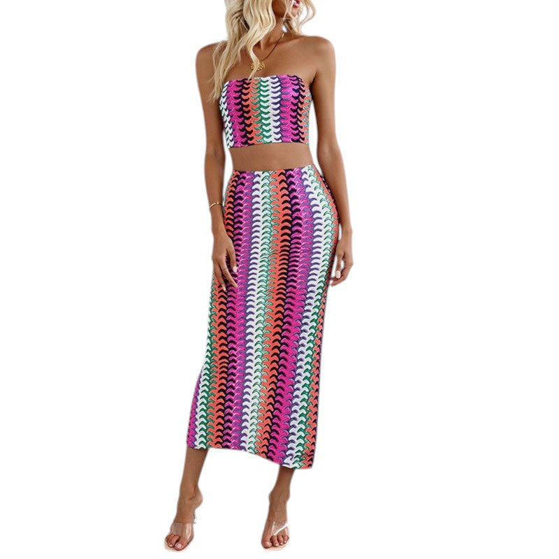 Coffee Phirst Boutique colorful striped strapless crop top and high-waisted midi skirt two-piece set