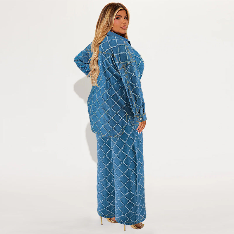 Rear three-quarter view of a model wearing a blue denim shirt and matching wide-leg pants with a diamond check pattern.