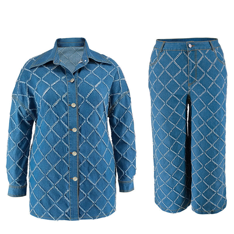 Front product view of the blue diamond-check denim shirt and matching wide-leg pants shown separately on a white background.