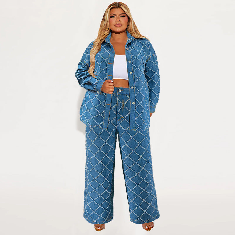 Model wearing a blue collared denim shirt and matching wide-leg pants with a diamond check pattern.