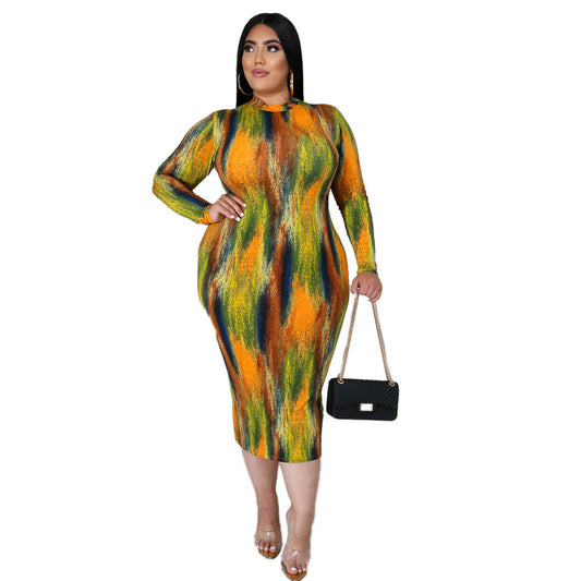 Turtleneck Long Sleeve Tie-Dye Printed Midi Dress
