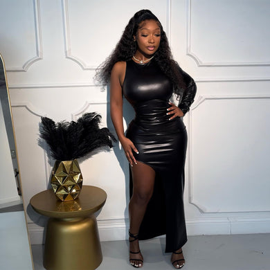black leather dress with sleeves INTO THE MATRIX FAUX LEATHER LONG SLEEVE MINI DRESS – AKIRA main image 1