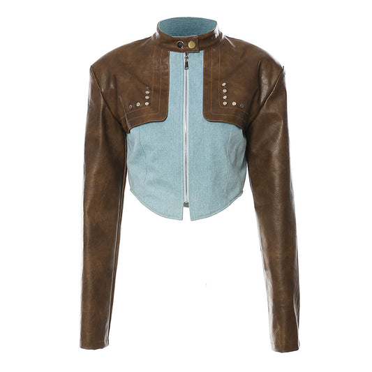 Vintage Leather Color Contrast Patchwork Short Chic Jacket